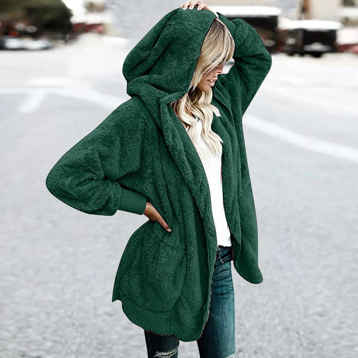 Women Hooded Cardigan Solid Oversized Open Front Hoodies Fleece Fuzzy Jacket 2024 Winter Warm Sherpa Coat With Pocket