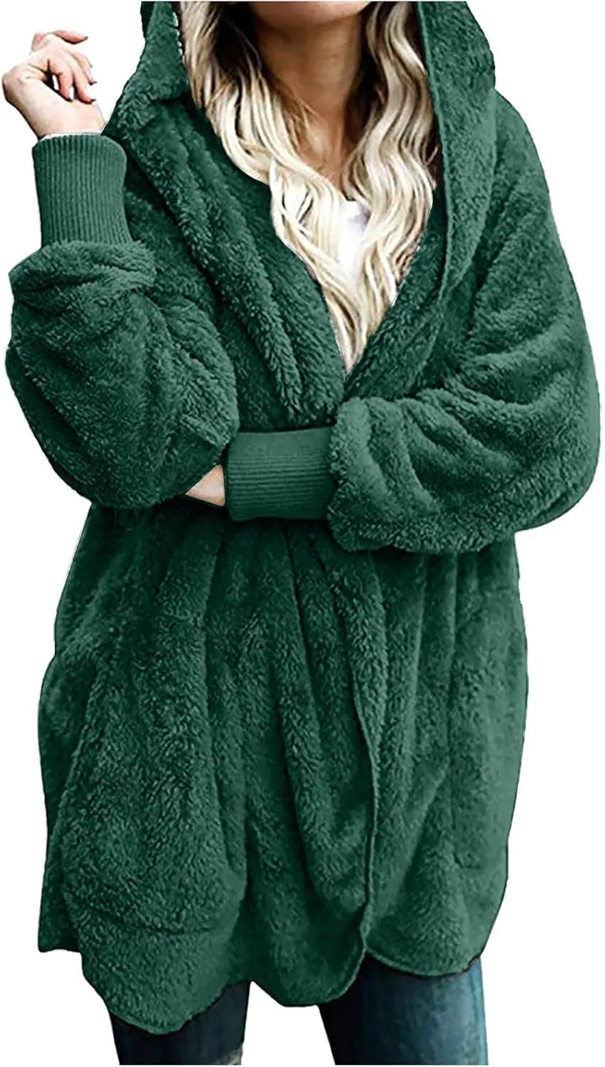 Women Hooded Cardigan Solid Oversized Open Front Hoodies Fleece Fuzzy Jacket 2024 Winter Warm Sherpa Coat With Pocket