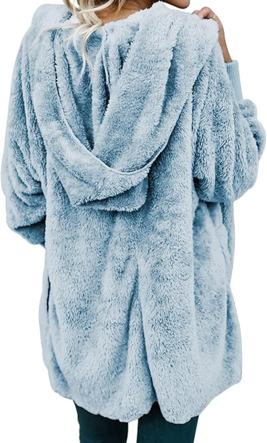 Women Hooded Cardigan Solid Oversized Open Front Hoodies Fleece Fuzzy Jacket 2024 Winter Warm Sherpa Coat With Pocket