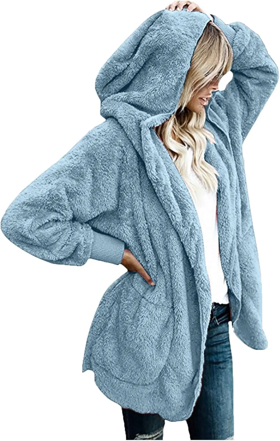 Women Hooded Cardigan Solid Oversized Open Front Hoodies Fleece Fuzzy Jacket 2024 Winter Warm Sherpa Coat With Pocket