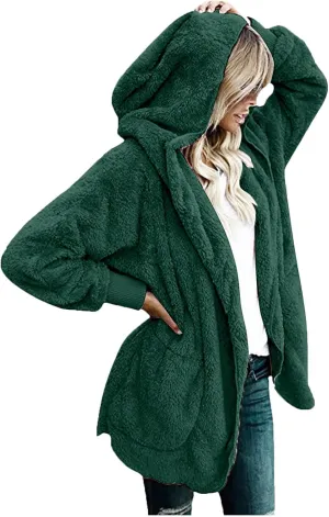 Women Hooded Cardigan Solid Oversized Open Front Hoodies Fleece Fuzzy Jacket 2024 Winter Warm Sherpa Coat With Pocket
