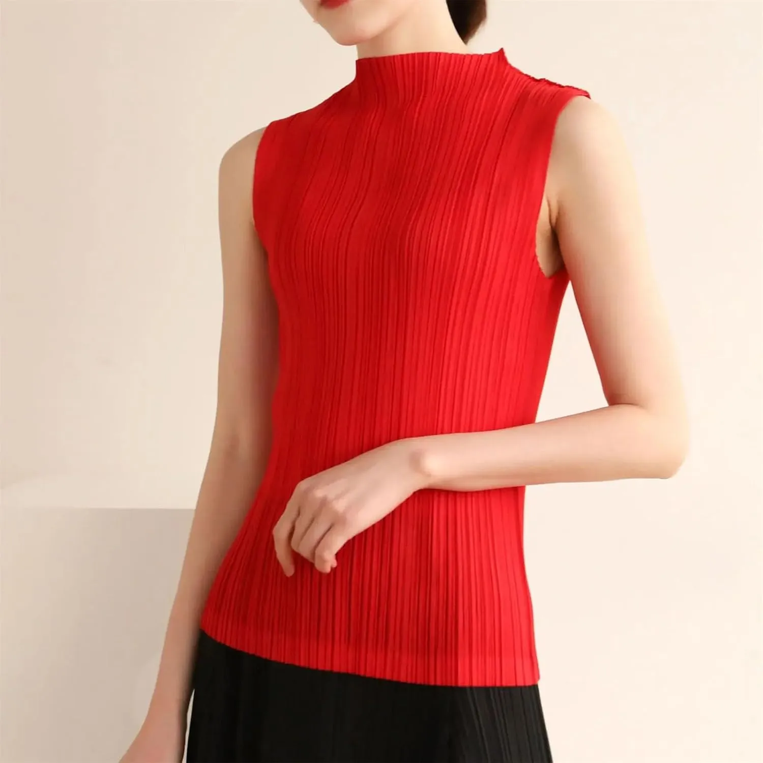 Women Pleated Sleeveless Undershirt Half-high Neck Simple Solid Color Versatile Bottoming T-Shirt Vest