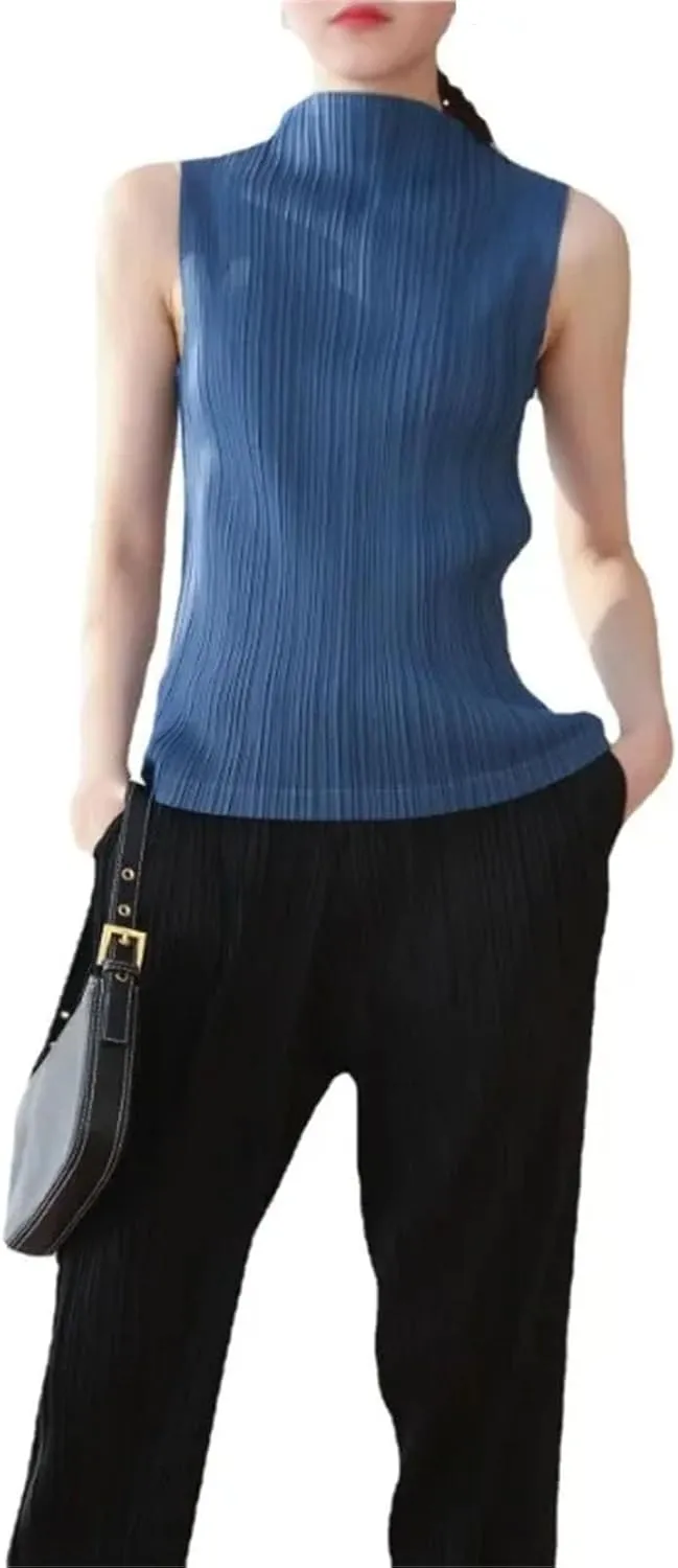 Women Pleated Sleeveless Undershirt Half-high Neck Simple Solid Color Versatile Bottoming T-Shirt Vest