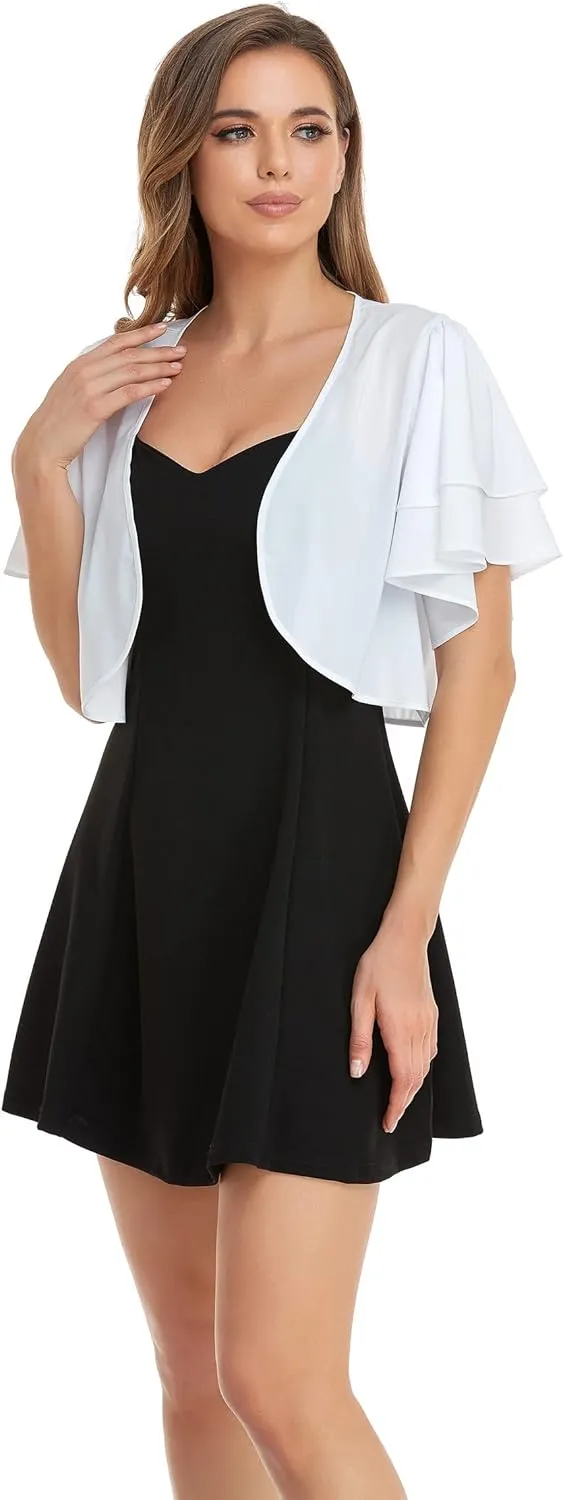 Women Short Sleeve Shrug Cropped Bolero Open Front Chiffon Cardigan for Evening Dress