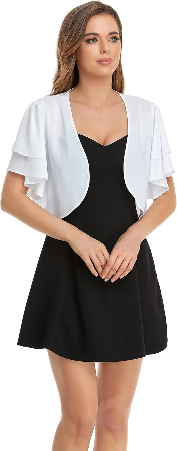Women Short Sleeve Shrug Cropped Bolero Open Front Chiffon Cardigan for Evening Dress
