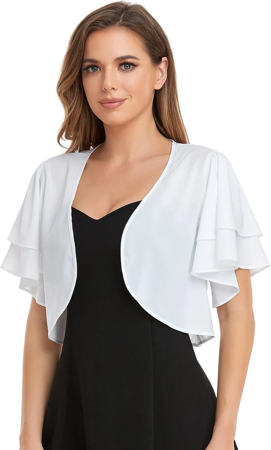 Women Short Sleeve Shrug Cropped Bolero Open Front Chiffon Cardigan for Evening Dress