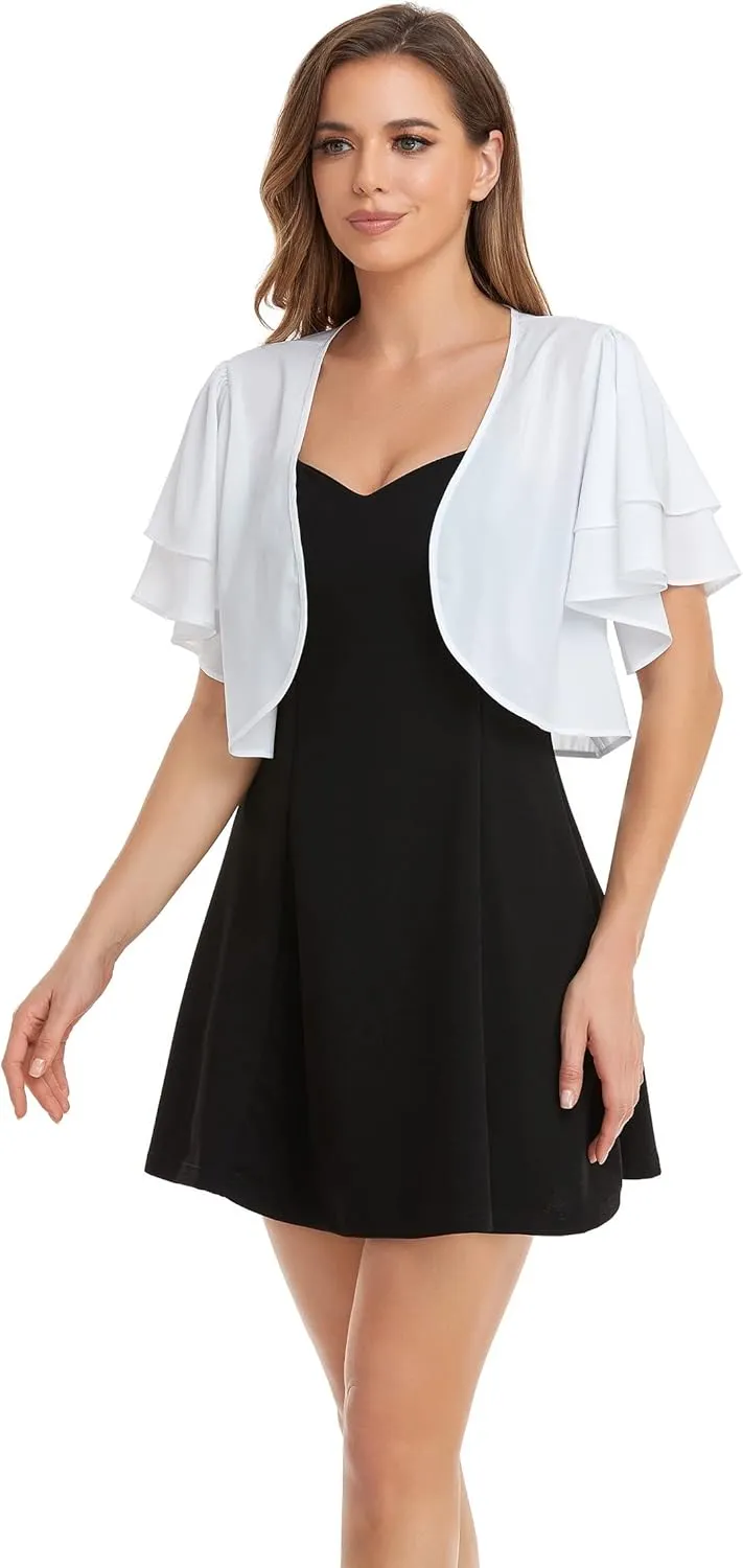 Women Short Sleeve Shrug Cropped Bolero Open Front Chiffon Cardigan for Evening Dress