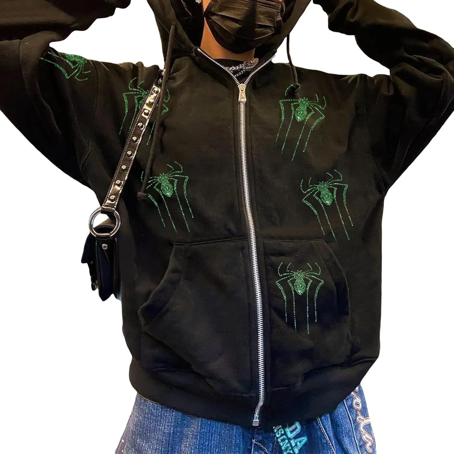 Women Y2K Spider Web Hoodies Punk Jackets Streetwear Goth Harajuku Oversized Vintage Graphic Full Zip Up Hoodie