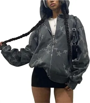 Women Y2K Zip Up Hoodies Graphic Printed Oversized Sweatshirts Vintage Long Sleeve Harajuku Jackets Streetwear