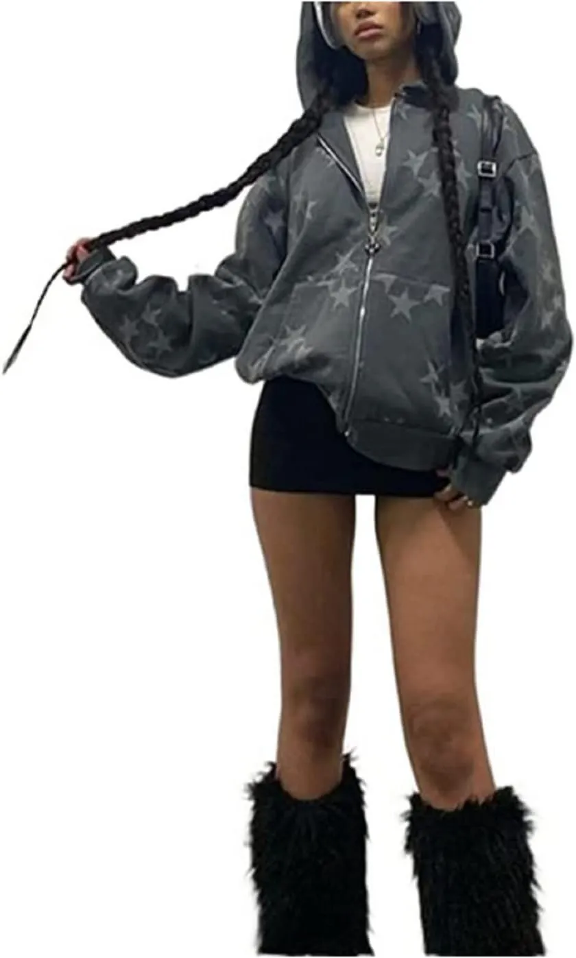 Women Y2K Zip Up Hoodies Graphic Printed Oversized Sweatshirts Vintage Long Sleeve Harajuku Jackets Streetwear
