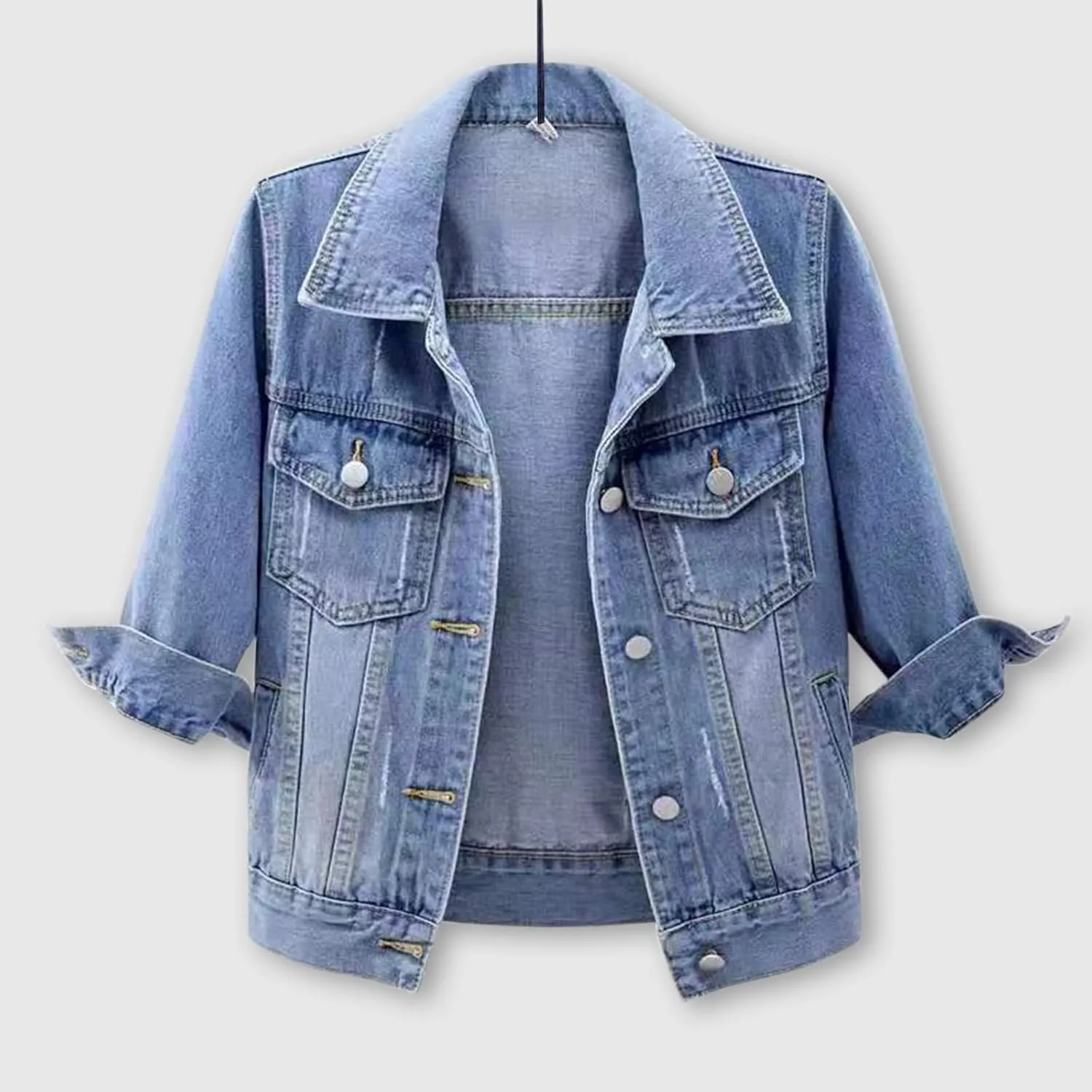 Women's 3/4 Sleeve Short Denim Jacket 2024 Loose Basic Lapel Button Down Cropped Casual Jean Jackets Trucker Coats