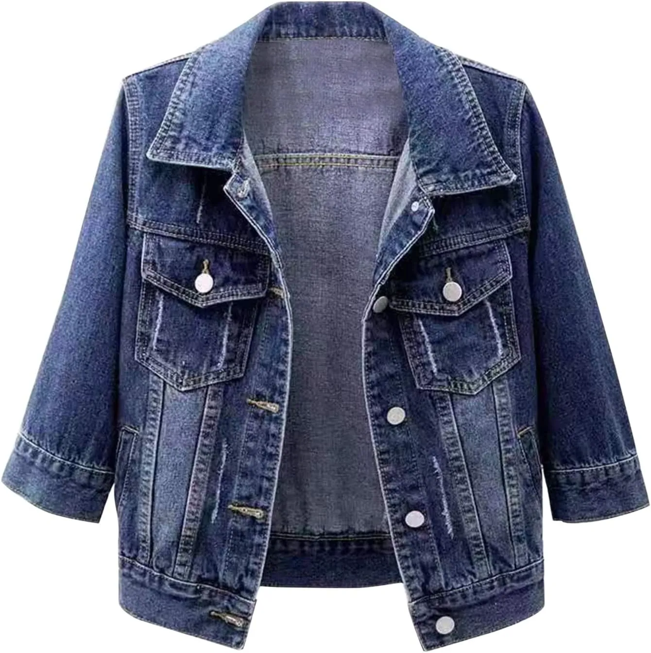 Women's 3/4 Sleeve Short Denim Jacket 2024 Loose Basic Lapel Button Down Cropped Casual Jean Jackets Trucker Coats
