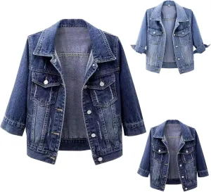 Women's 3/4 Sleeve Short Denim Jacket 2024 Loose Basic Lapel Button Down Cropped Casual Jean Jackets Trucker Coats