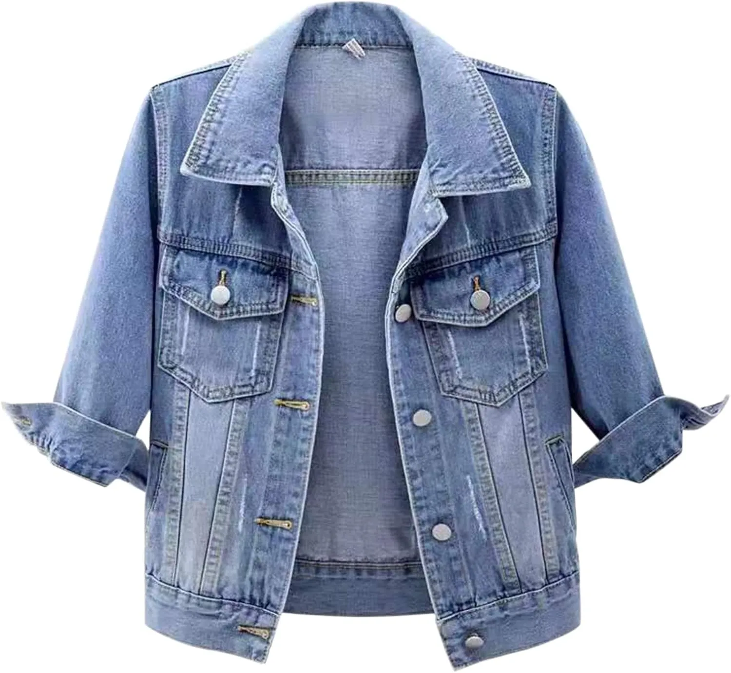 Women's 3/4 Sleeve Short Denim Jacket 2024 Loose Basic Lapel Button Down Cropped Casual Jean Jackets Trucker Coats