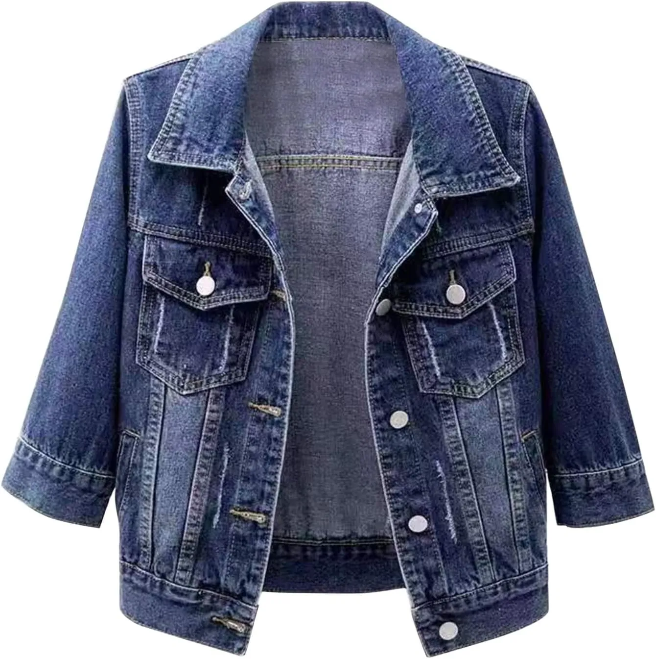 Women's 3/4 Sleeve Short Denim Jacket 2024 Loose Basic Lapel Button Down Cropped Casual Jean Jackets Trucker Coats