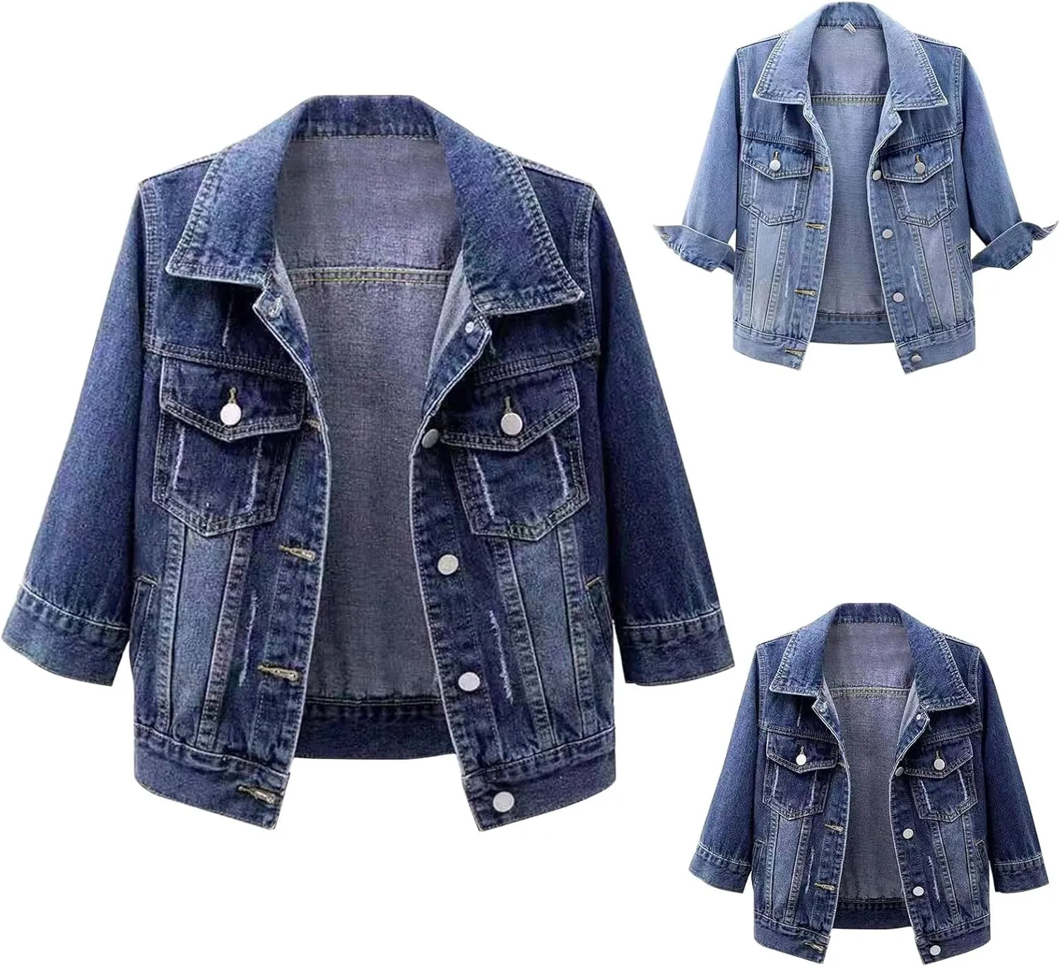 Women's 3/4 Sleeve Short Denim Jacket 2024 Loose Basic Lapel Button Down Cropped Casual Jean Jackets Trucker Coats