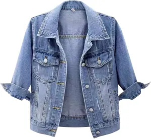 Women's 3/4 Sleeve Short Denim Jacket 2024 Loose Basic Lapel Button Down Cropped Casual Jean Jackets Trucker Coats