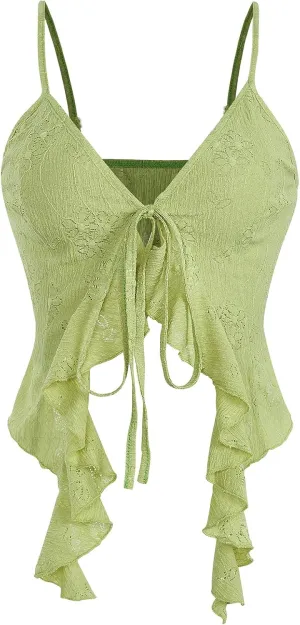 Women's Asymmetric Hem Cami Crop Top Backless Tie Front Ruffle Trim Slim Fit Camisole