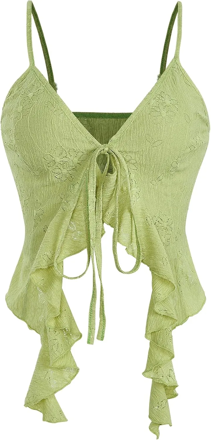 Women's Asymmetric Hem Cami Crop Top Backless Tie Front Ruffle Trim Slim Fit Camisole