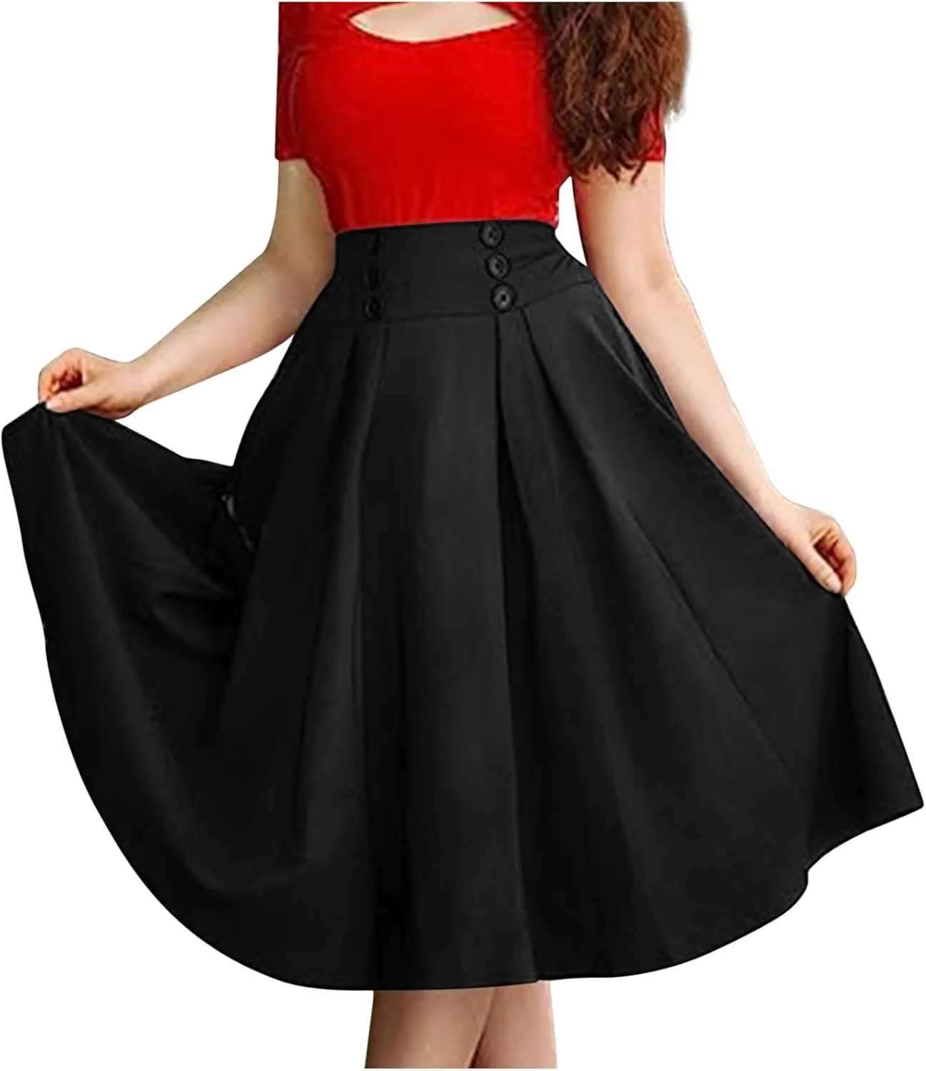 Women's Basic Versatile Stretchy Flared Casual Midi Skater Skirt Ruched High Waist Knee Length A-Line Pleated Skirts