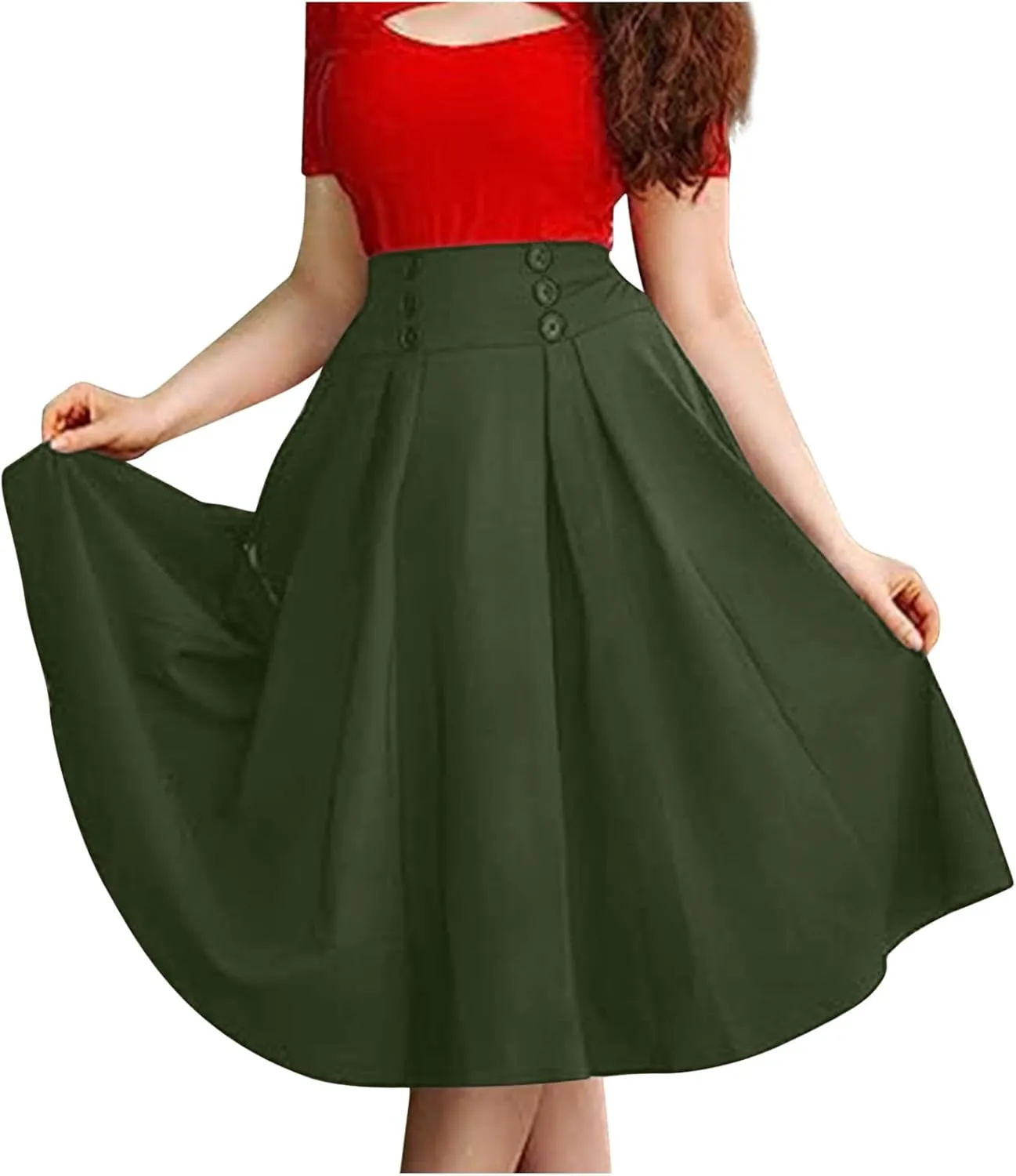Women's Basic Versatile Stretchy Flared Casual Midi Skater Skirt Ruched High Waist Knee Length A-Line Pleated Skirts