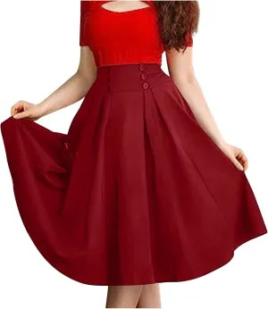 Women's Basic Versatile Stretchy Flared Casual Midi Skater Skirt Ruched High Waist Knee Length A-Line Pleated Skirts