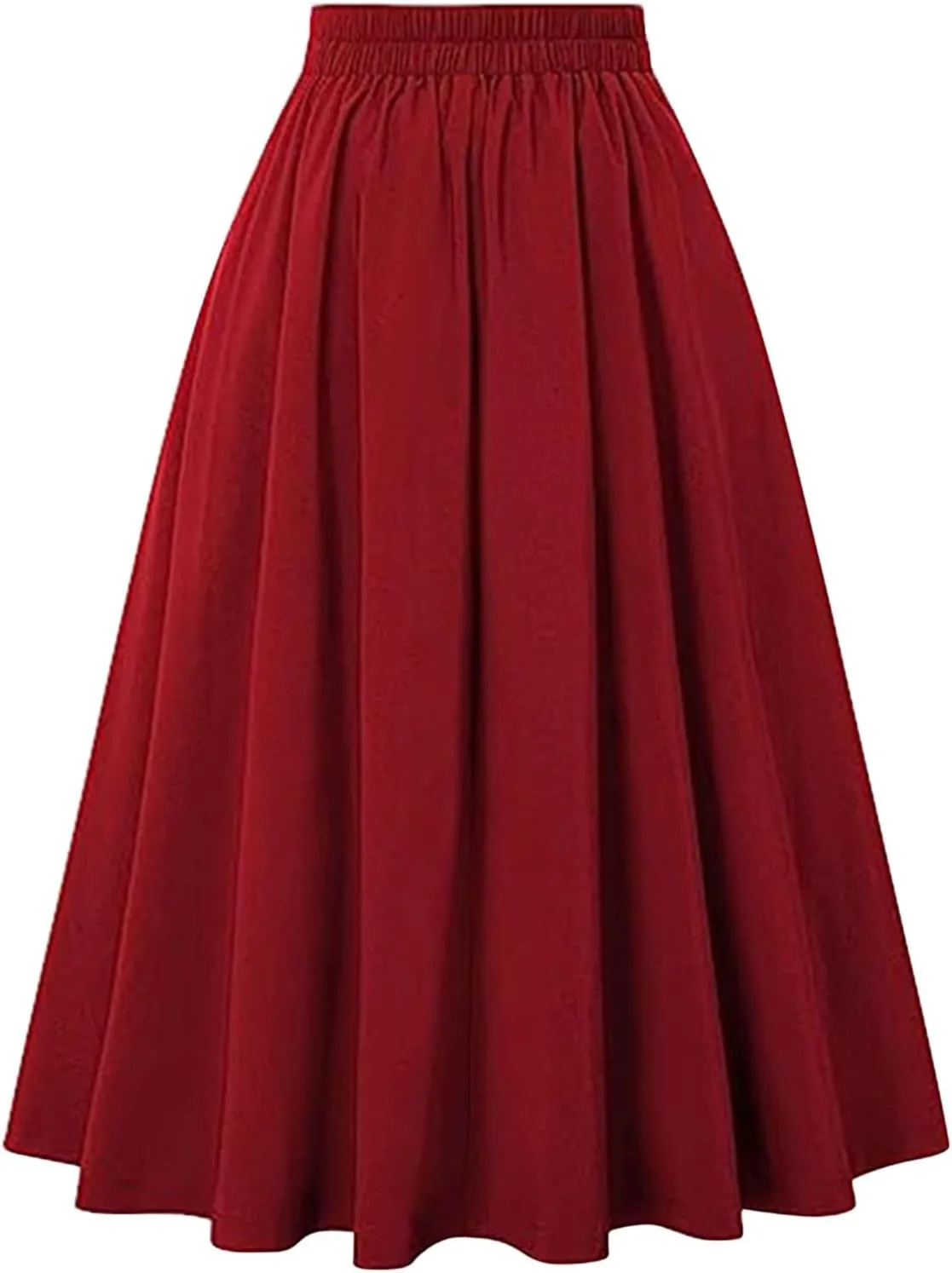 Women's Basic Versatile Stretchy Flared Casual Midi Skater Skirt Ruched High Waist Knee Length A-Line Pleated Skirts
