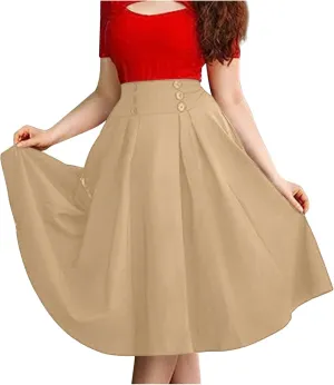 Women's Basic Versatile Stretchy Flared Casual Midi Skater Skirt Ruched High Waist Knee Length A-Line Pleated Skirts