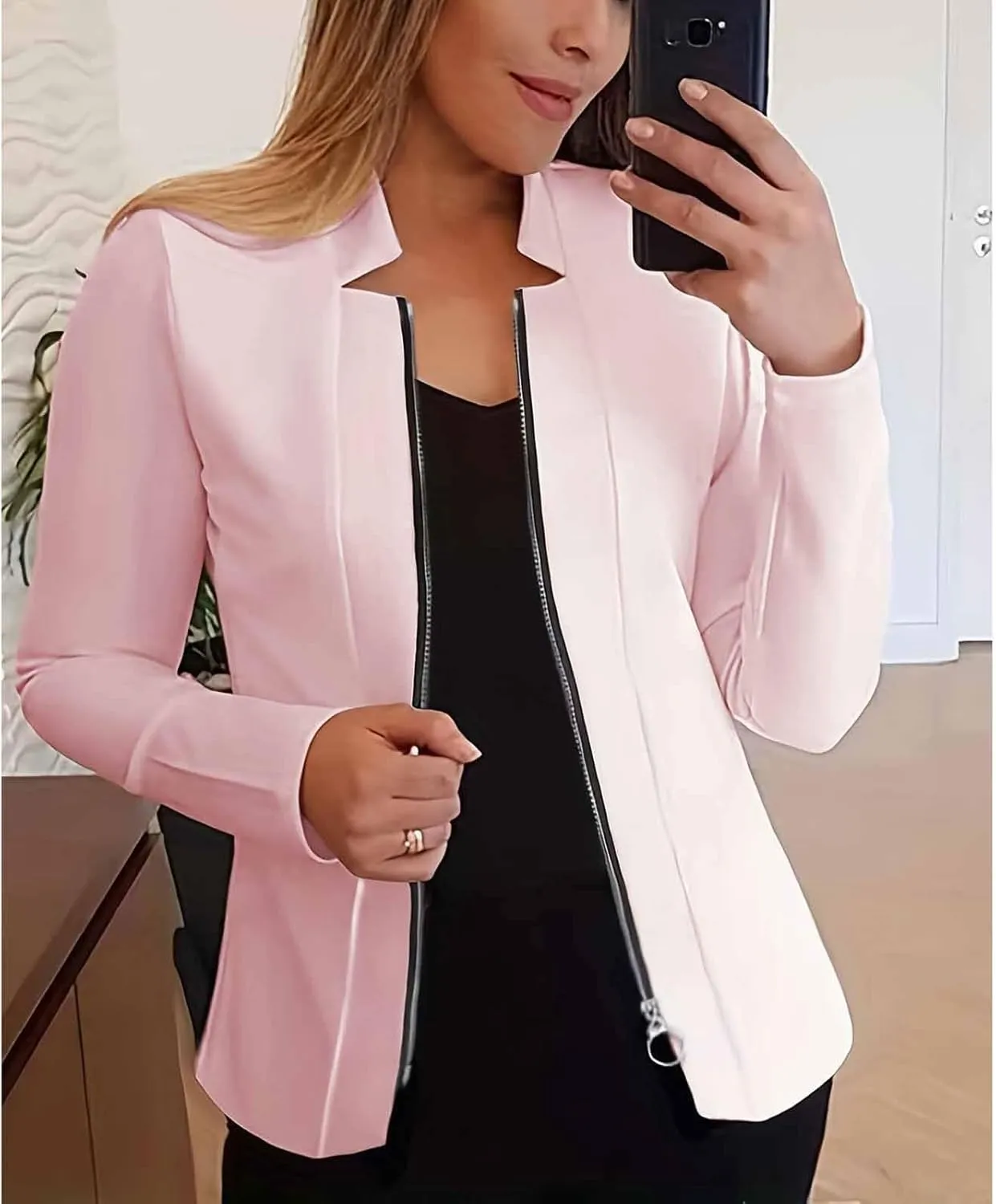 Womens Blazer Jackets Zip up Open Front Cardigan Jacket Casual Long Sleeve Work Office Suit Crop Outerwear