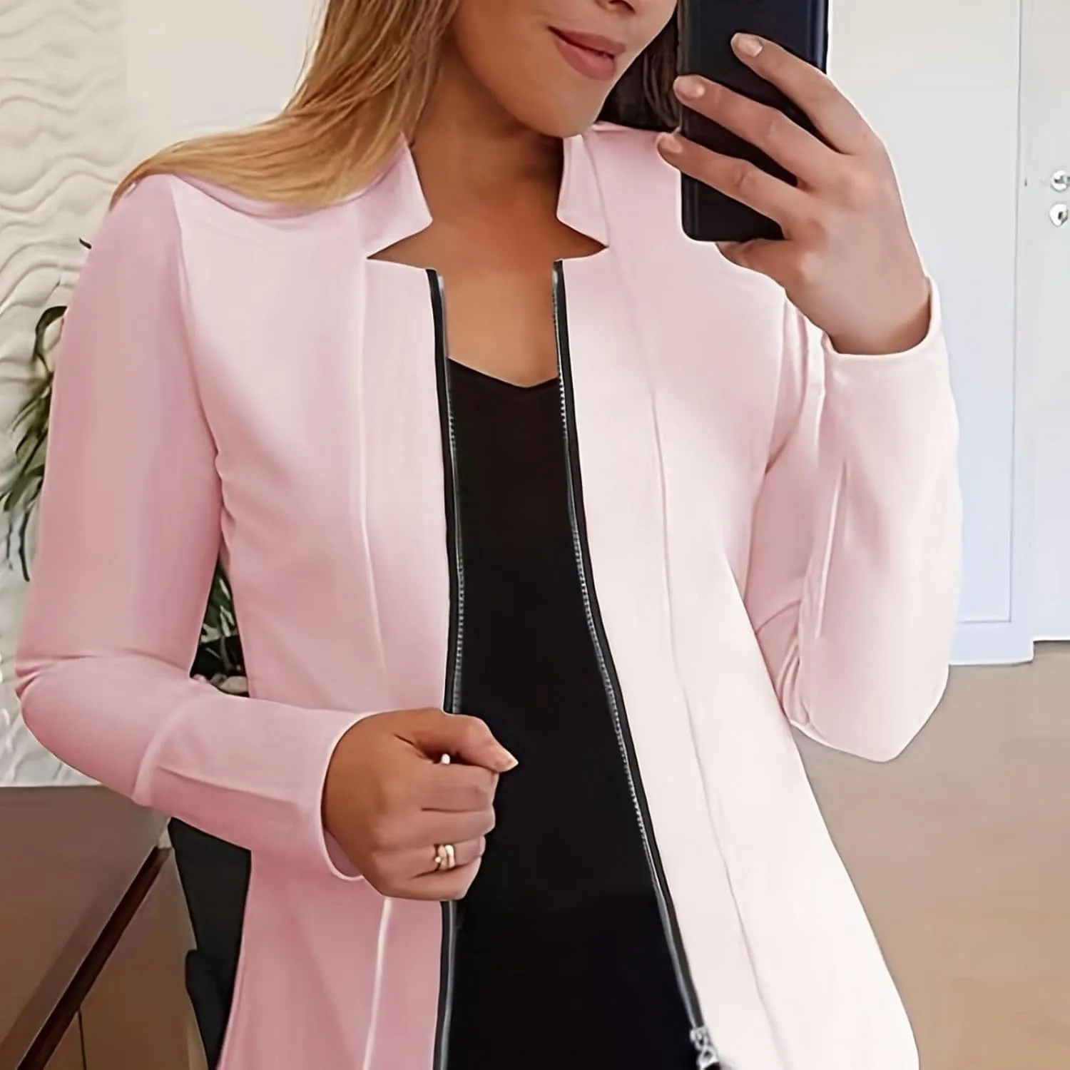Womens Blazer Jackets Zip up Open Front Cardigan Jacket Casual Long Sleeve Work Office Suit Crop Outerwear