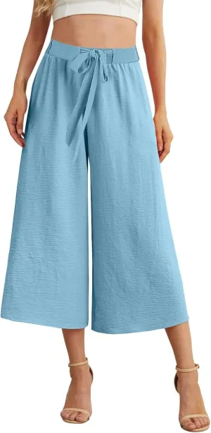 Womens Capris Linen Pants with Pockets Cotton Linen Palazzo Trousers for Women Ladies Wide Leg Beach Loose Slacks