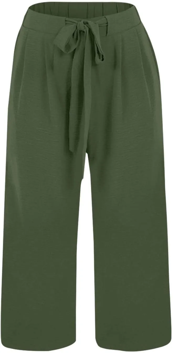 Womens Capris Linen Pants with Pockets Cotton Linen Palazzo Trousers for Women Ladies Wide Leg Beach Loose Slacks