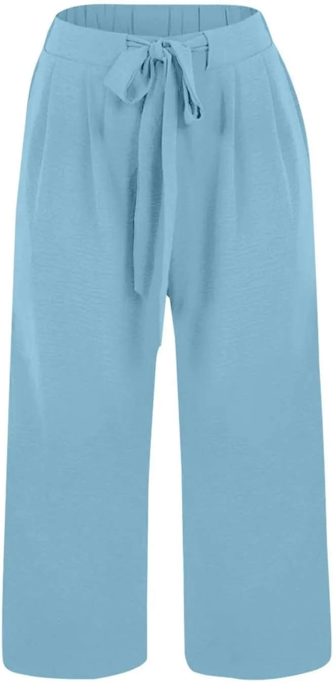 Womens Capris Linen Pants with Pockets Cotton Linen Palazzo Trousers for Women Ladies Wide Leg Beach Loose Slacks