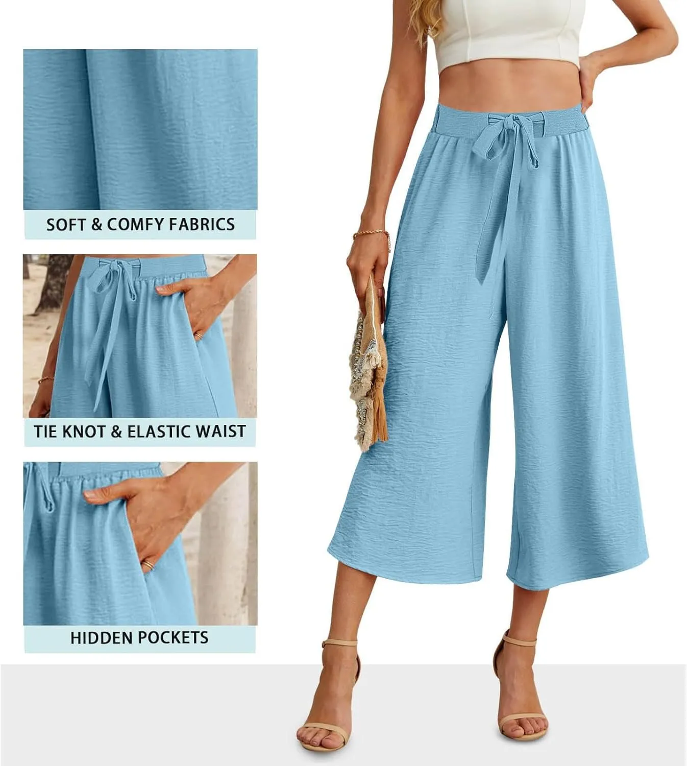 Womens Capris Linen Pants with Pockets Cotton Linen Palazzo Trousers for Women Ladies Wide Leg Beach Loose Slacks