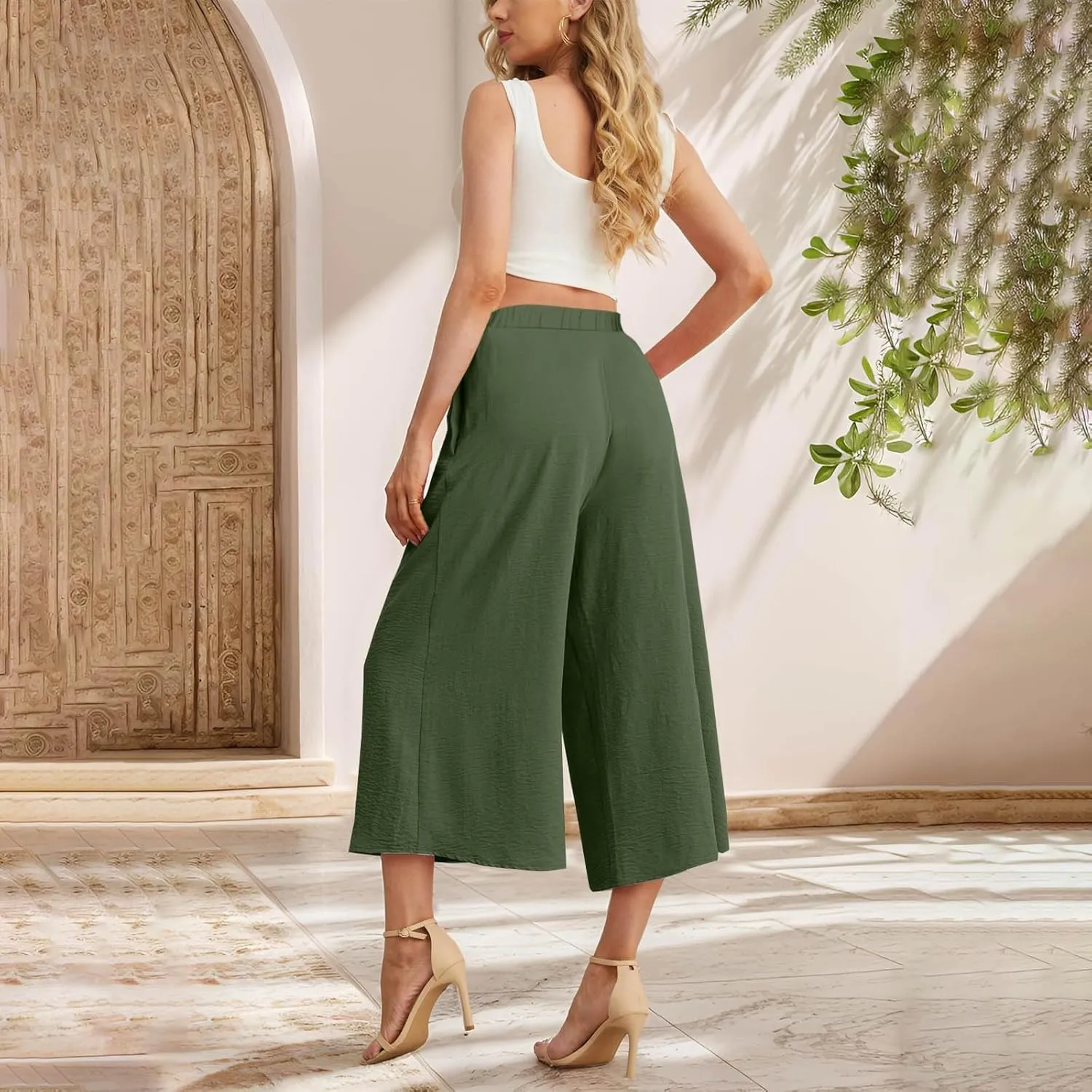 Womens Capris Linen Pants with Pockets Cotton Linen Palazzo Trousers for Women Ladies Wide Leg Beach Loose Slacks