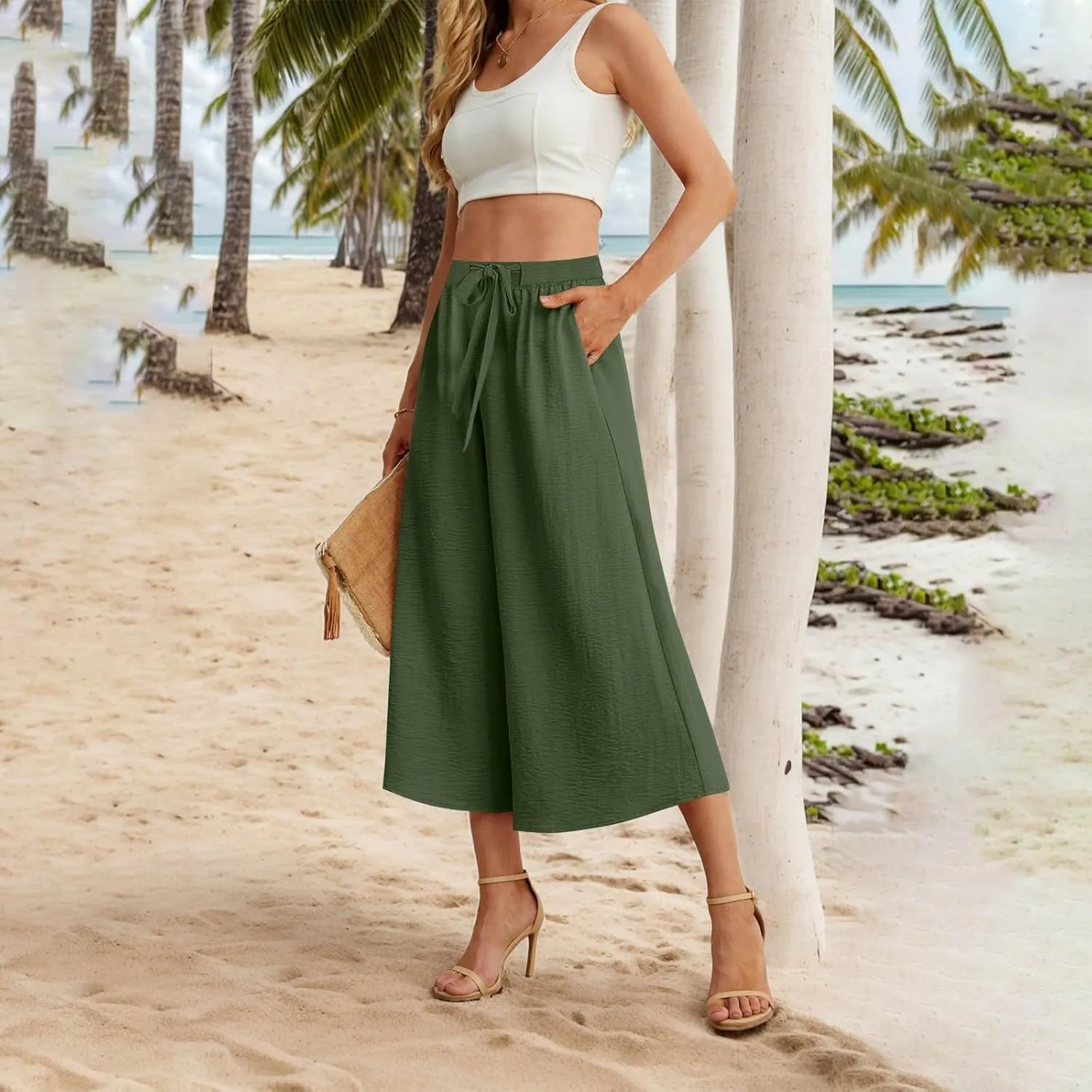 Womens Capris Linen Pants with Pockets Cotton Linen Palazzo Trousers for Women Ladies Wide Leg Beach Loose Slacks