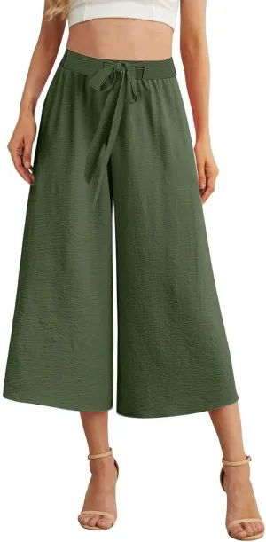 Womens Capris Linen Pants with Pockets Cotton Linen Palazzo Trousers for Women Ladies Wide Leg Beach Loose Slacks