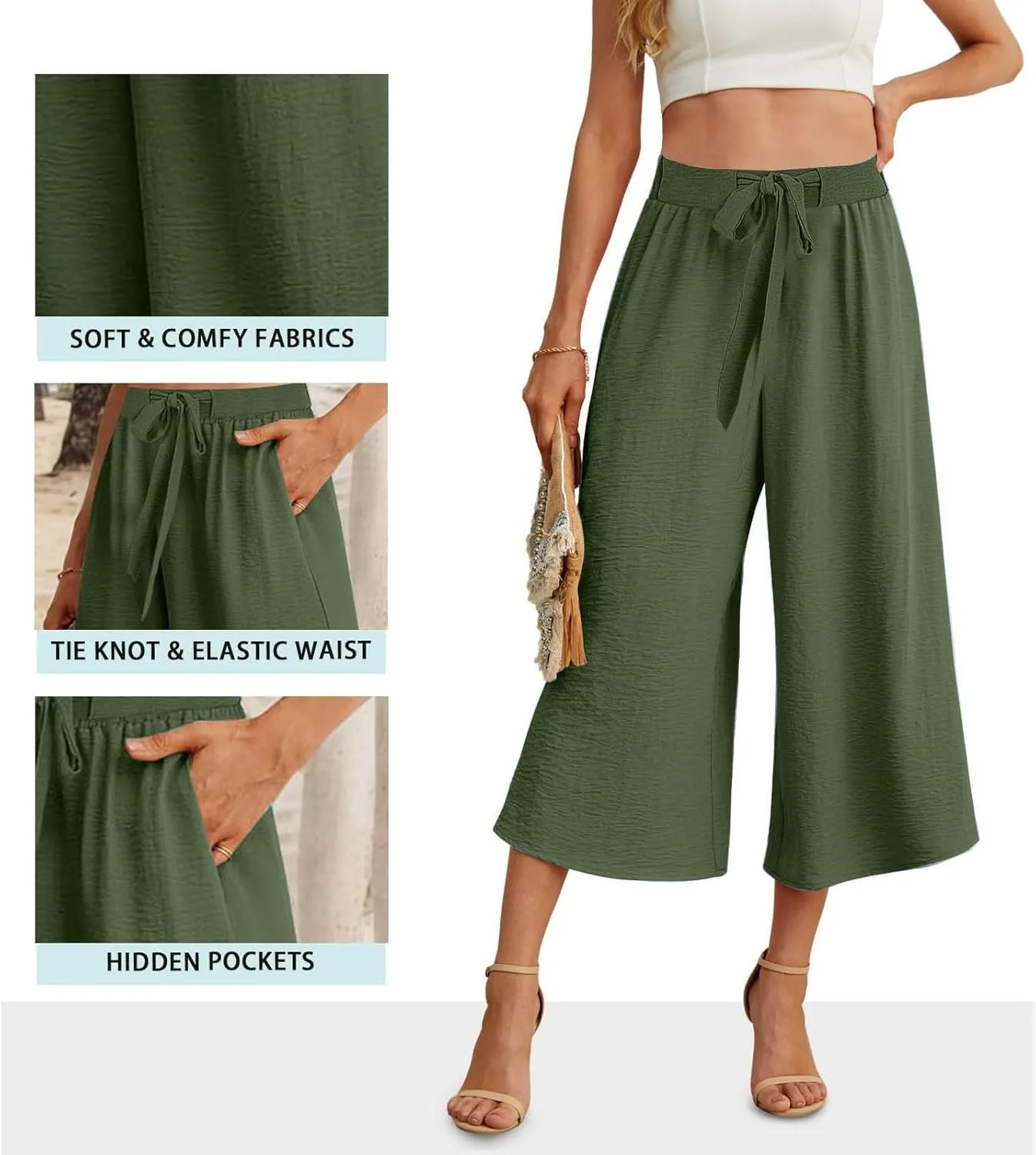 Womens Capris Linen Pants with Pockets Cotton Linen Palazzo Trousers for Women Ladies Wide Leg Beach Loose Slacks