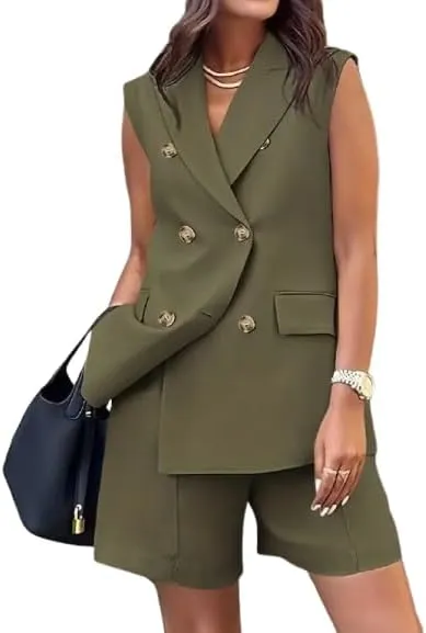 Women's Casual Two - Piece Suit Set, Lightweight Linen Blend Blazer Jacket with Trousers for Daily Wear
