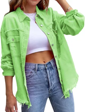 Womens Denim Jacket Oversized Button Up Frayed Hem Shacket Jean Coat Distressed Shirts Long Sleeve Trucker Coats Tops