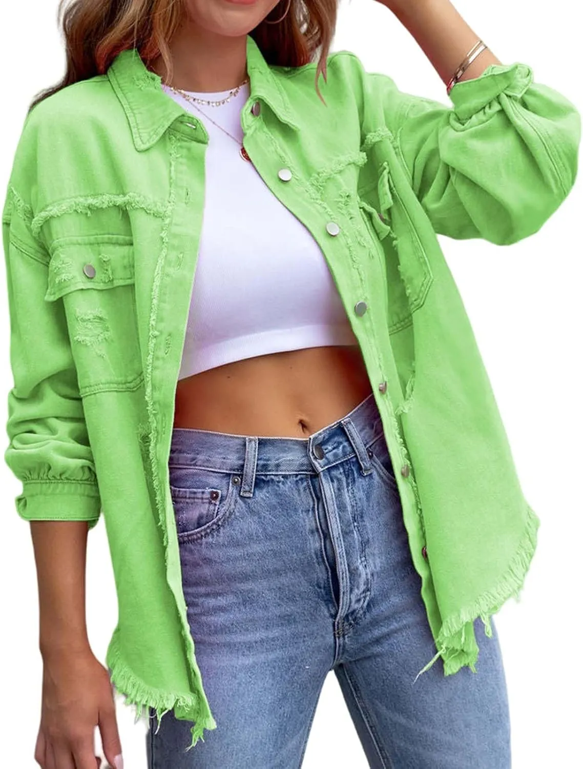 Womens Denim Jacket Oversized Button Up Frayed Hem Shacket Jean Coat Distressed Shirts Long Sleeve Trucker Coats Tops
