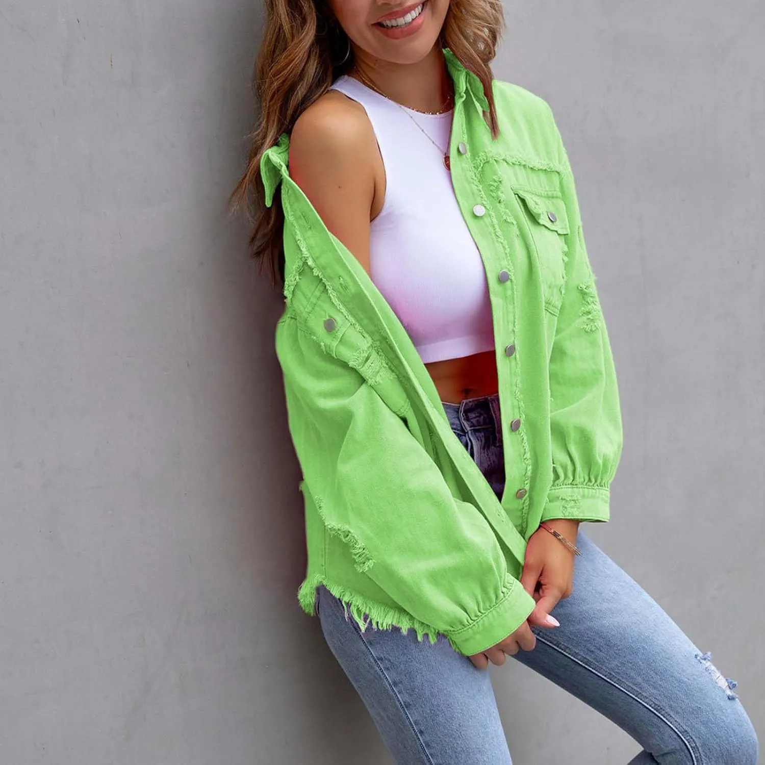 Womens Denim Jacket Oversized Button Up Frayed Hem Shacket Jean Coat Distressed Shirts Long Sleeve Trucker Coats Tops