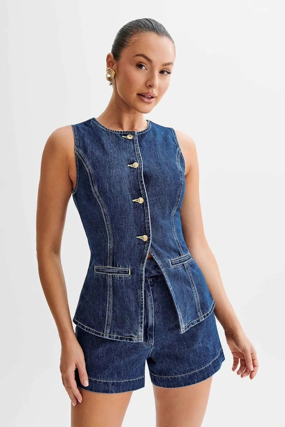 Womens Denim Long Vest Waistcoat Vest Sleeveless Button-Up Back Slit Jean Jacket Vest Y2k Clothes