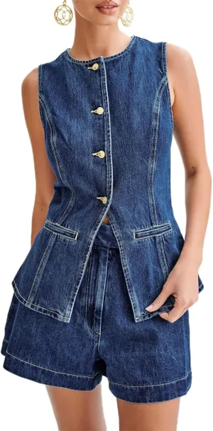 Womens Denim Long Vest Waistcoat Vest Sleeveless Button-Up Back Slit Jean Jacket Vest Y2k Clothes