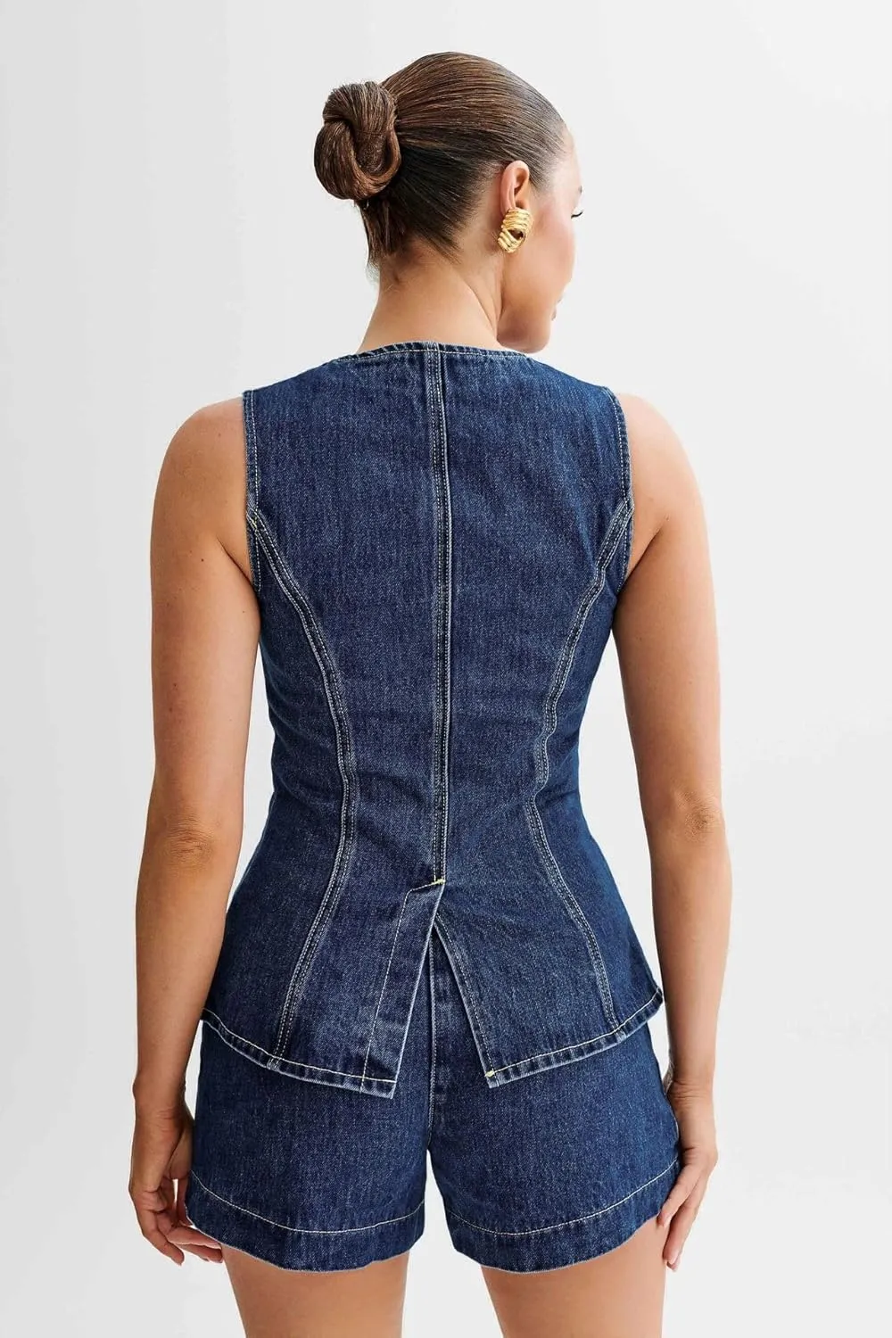 Womens Denim Long Vest Waistcoat Vest Sleeveless Button-Up Back Slit Jean Jacket Vest Y2k Clothes