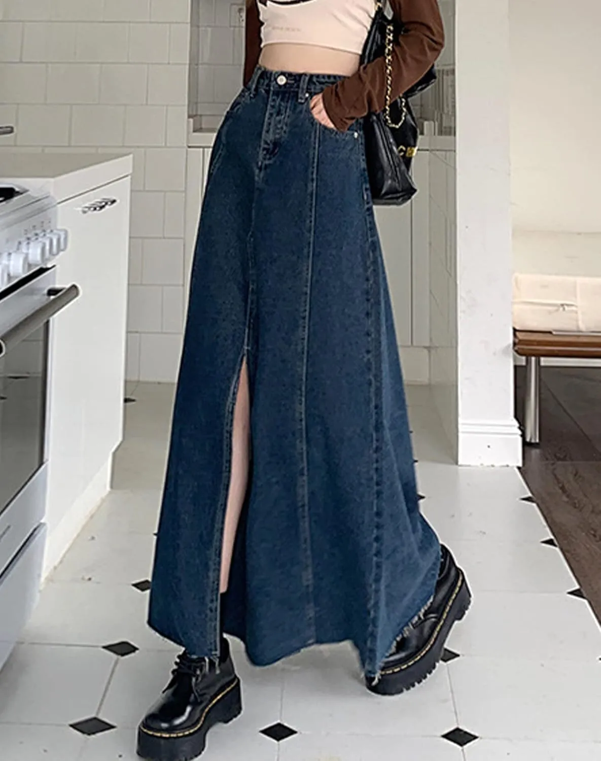 Women's Denim Maxi Skirt Pleated Split Hem Denim Skirt A-Line Skirt Jean Skirt