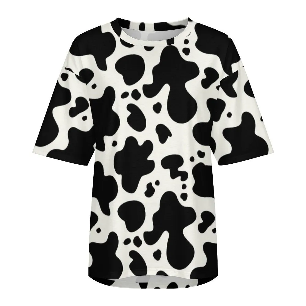 Women's Drop-Shoulder Cow Print T-Shirt
