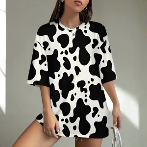 Women's Drop-Shoulder Cow Print T-Shirt