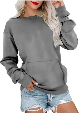 Womens Fashion Blouse Long Sleeves Round Neck Sweatshirt Fitted Solid Color Tops Pullover Casual Loose Hoodies