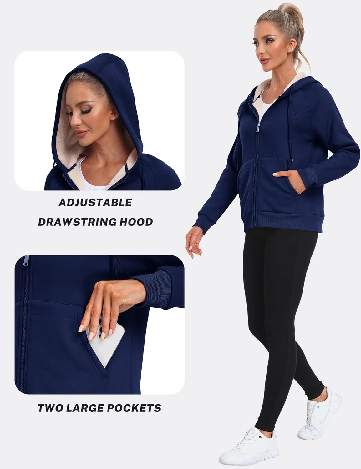 Womens Fleece Lined Hoodie Jackets Full Zip Hoodies with Zipper Pocket Warm Hoodie Sweatshirts for Women
